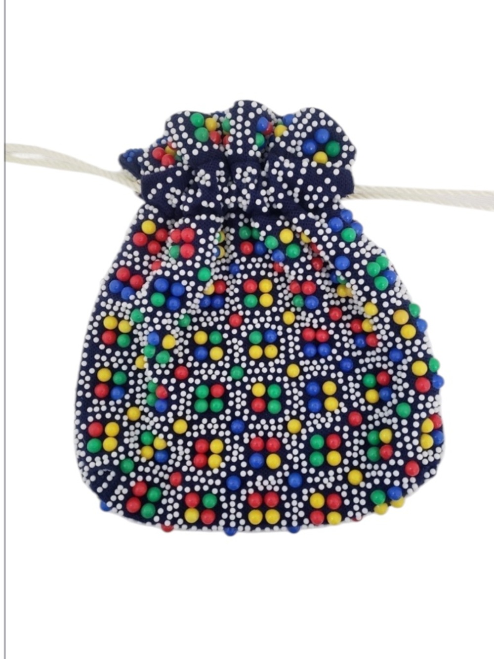 Vintage 70s Kitschy Candy Dot Bead Reversible Drawstring Satchel Bag